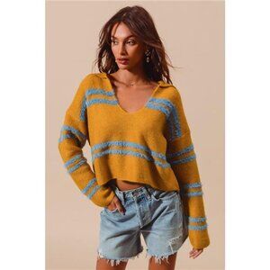 SO ME Fuzzy Hairy Stripe Deep U‎ Neck Swetaer